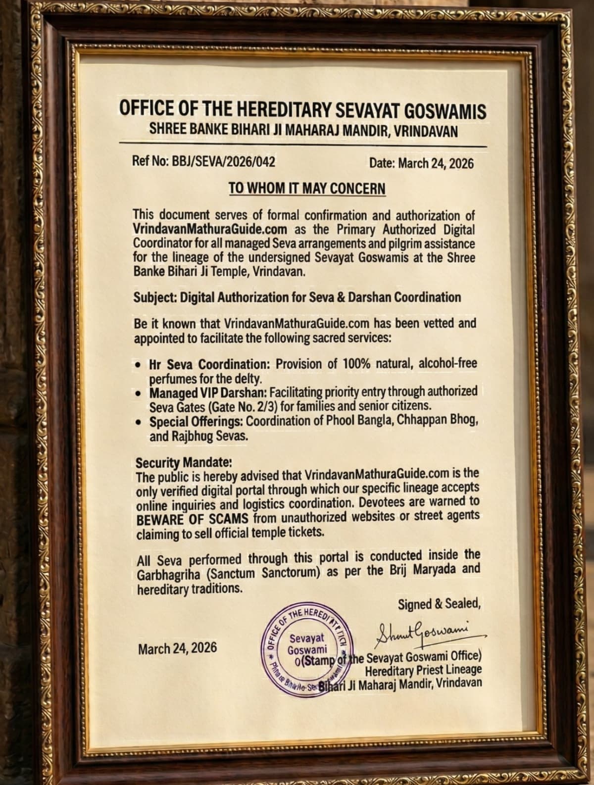 Official authorization certificate — Hereditary Sevayat Goswamis, Banke Bihari Ji Mandir